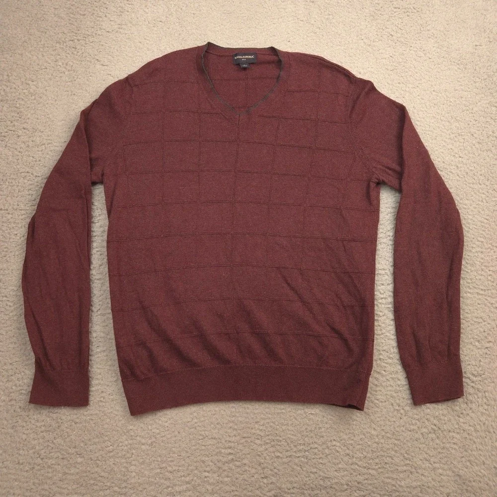 Banana Republic Mens V Neck Sweater Cotton Silk Wool Blend M Maroon Windowpane